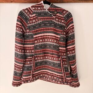 Koppen—Fleece, Aztec Geometric Stripes Orange/Red/Black Hood (Size Medium)